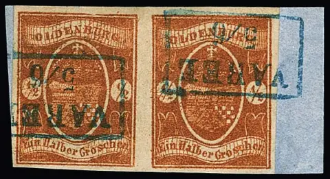 1/2 Gr. rouge-brun, paire horizontale à larges marges sur fragment de lettre de cabinet avec Ra2 "Varel". Certificat Brettl "une rare, très belle paire". Mi. 3000,-