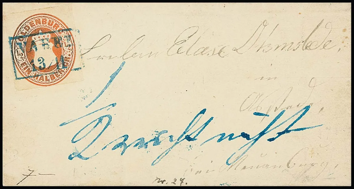 1/2 Gr. orange, bon découpage large, seul sur lettre (un peu nettoyée) avec Ra2 "Varel", 13.11.(1867) pour Neuenburg, ms. "1/2 ne suffit pas" et…