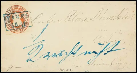 1/2 Gr. orange, bon découpage large, seul sur lettre (un peu nettoyée) avec Ra2 "Varel", 13.11.(1867) pour Neuenburg, ms. "1/2 ne suffit pas" et…