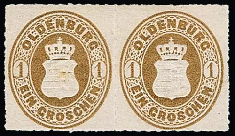 1 Gr. brun, paire d'essai non oblitérée en couleur différente, signée Brettl