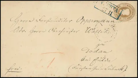 3 Gr. ockerbraun (à droite un peu ciseaux) sur lettre partiellement affranchie avec Ra2 "Vechta" vers Dadau près d'Eutin. Attestation Brettl : "L'émission fortement perforée est particulièrement rare sur lettre". Mi. 5500,-
