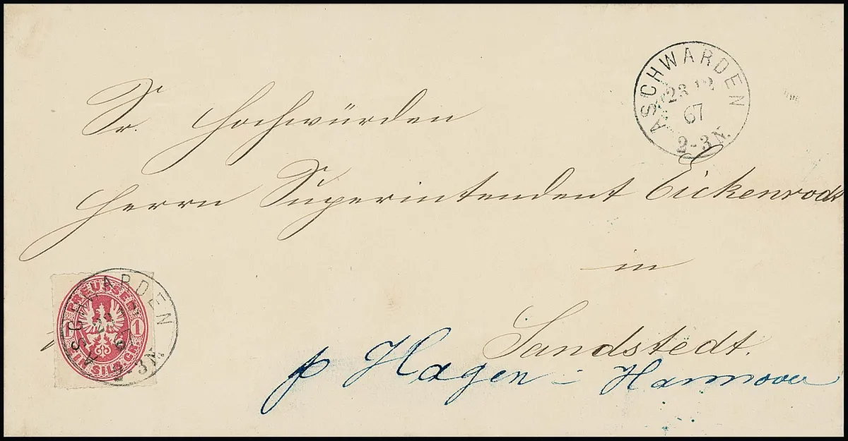 "Aschwarden", редкий новый Grotesk-K1 на роскошном письме с 1 Sgr. от 23.12.1867, полное содержание из "Wurtfleth-Rechtebe", известно лишь несколько писем с этим штемпелем, это, вероятно, самое красивое!