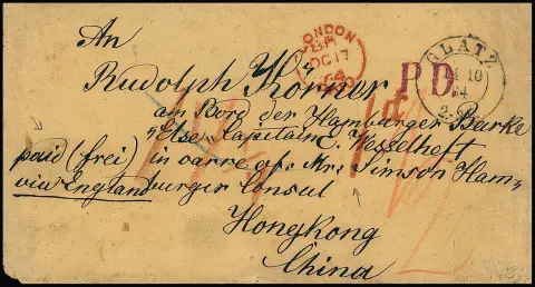 "Glatz", 1864, K2 на бежевом конверте (типичное состояние использования, на обороте верхняя четвертная клапан не полностью) пассажиру на гамбургском судне "Else", прошло через гамбургское консульство в Гонконге/Китае и оплачено 14 1/4 Sgr., налоговый штемпель "1 d.". Редкое направление!