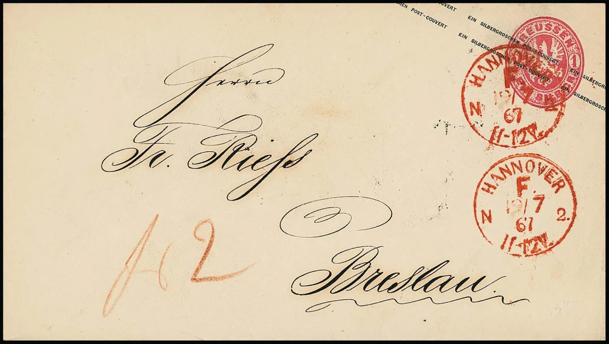 "Hannover F.N.2", red franco K1 clearly twice 1867 as sole cancellation on 1 Sgr. postal stationery, remaining postage of "2" paid in cash