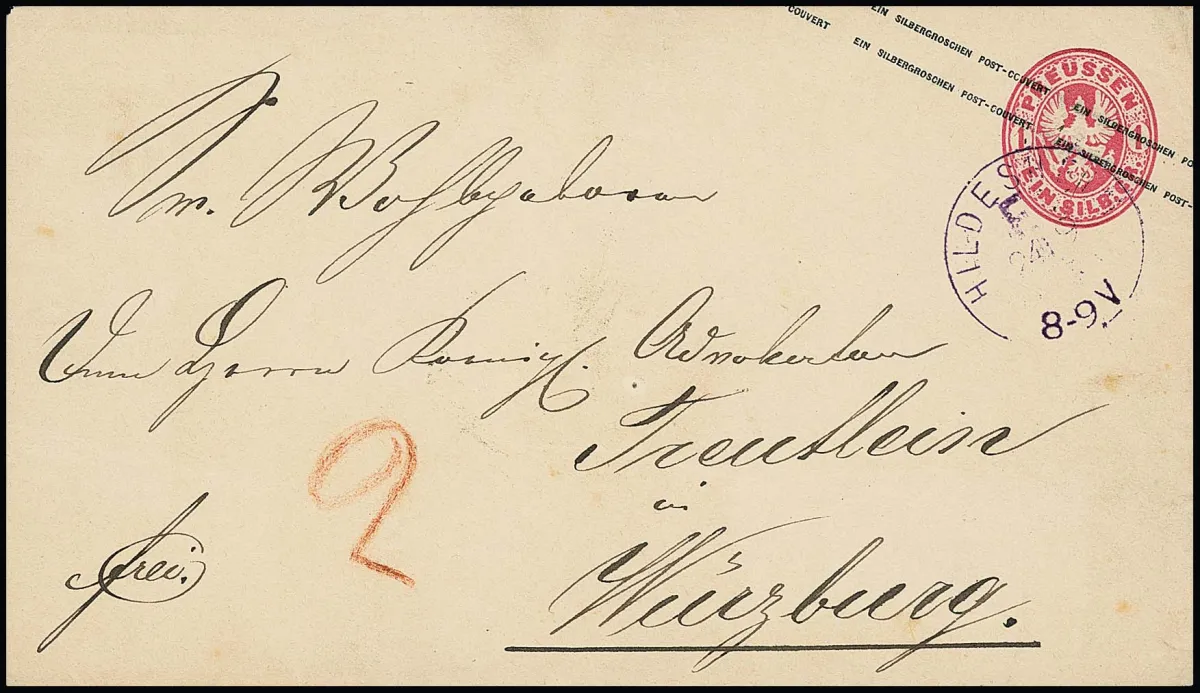 "Hildesheim F.", violetter Franko-K1 als seltene und alleinige Entwertung auf Wappen-Ganzsache 1 Sgr. nach Würzburg. Tadellos, restliches Porto von "2" Sgr.…