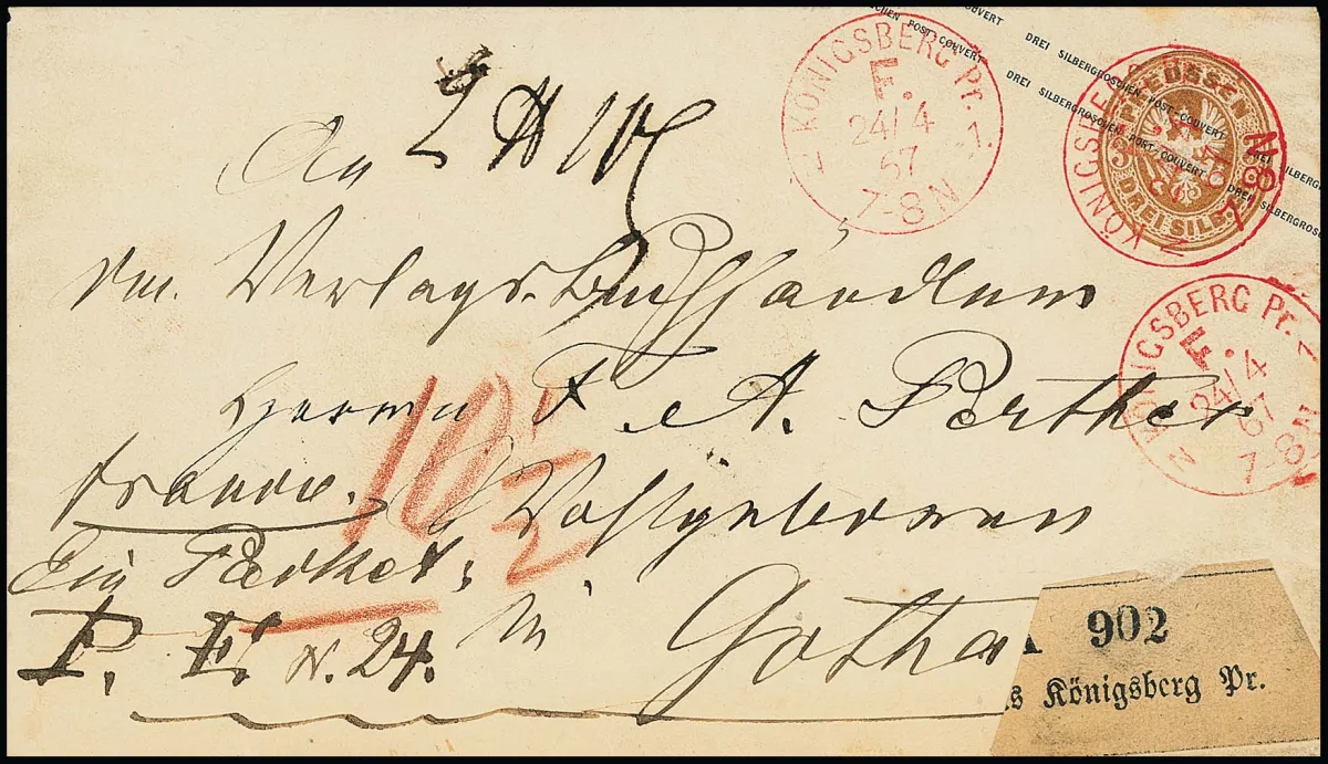 "Königsberg Pr. F.N.1", dreifacher (!) Abschlag des roten Franko-K1 als alleinige Entwertung auf Ganzsache 3 Sgr. ockerbraun, als Paketbegleitbrief nach…