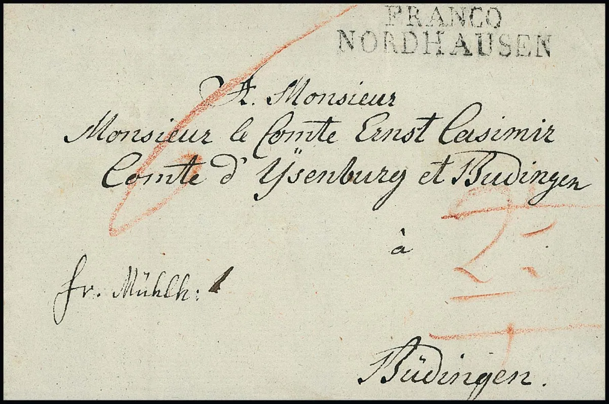 "Nordhausen", 1808, 21.10., zeer zeldzame L2 "FRANCO NORDHAUSEN" duidelijk op adelsbrief "fr. Mühlh." uit Stolberg naar Büdingen/Hessen, binnenin brief met handtekening van graaf Carl Ludwig von Stolberg