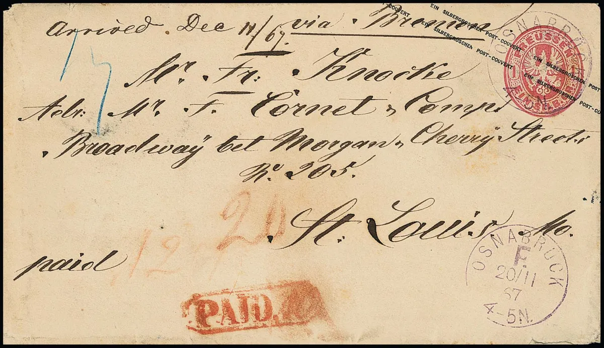 "Osnabrück F.", fialový franko-K1 z 20.11.1867 jako jediné vyřazení na znakové celině 1 Sgr. růžová (lehké známky použití), jako zámořský dopis s částečným franko do St. Louis/USA, zbytek poštovného "12" Sgr. zaplacen v hotovosti, červené "Paid 10" z Brém rukou změněno na "20", unikát ze sbírky Gunn, atesty Brettl ("bezvadný stav"), v.d. Linden