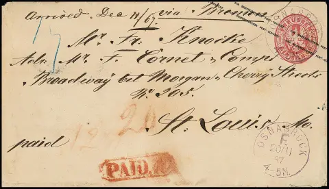 "Osnabrück F.", фиолетовый франко-K1 от 20.11.1867 как единственное гашение на гербовой цельной вещи 1 зильбергрош розовая (лёгкие следы использования), как частичное франко заморского письма в Сент-Луис/США, остальная пошлина "12" зильбергрошей оплачена наличными, красный "Paid 10" из Бремена рукописно изменён на "20", уникат из коллекции Гунна, аттестаты Бреттля ("безупречное состояние"), в.д. Линден