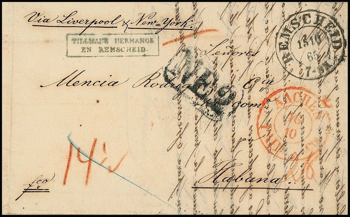 "Remscheid", K2 1865 on rare overseas letter with the Prussian closed mail via Aachen/England to Havana/Cuba, there the recipient was charged another 2 R. inland postage. Postage 14 1/2 Sgr., only a few Prussian items to Cuba known