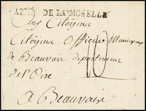 "Saarlouis", 1795, редкое французское армейское почтовое письмо с содержанием ("de sarrelibre") и французским армейским почтовым L1 "ARMÈE DE LA MOSELLE" и содержанием, в Бон