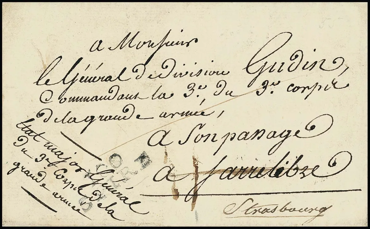 "Saarlouis", 1805, rare L3 rouge en écriture cursive "Dèbourcès de Sarrelouis" nettement au verso sur lettre de Spire (L2 "100 SPIRE") pour Saarlouis et avec le L3 Deboursè plus loin pour Strasbourg, avec contenu, d'un général à un autre général, au verso note de recommandation du directeur des postes