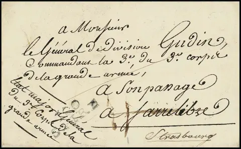 "Saarlouis", 1805, редкий красный рукописный L3 "Dèbourcès de Sarrelouis" чётко на обороте письма из Шпайера (L2 "100 SPIRE") в Саарлуи и с L3 дебурсе далее в Страсбург, с содержанием, от одного генерала другому генералу, на обороте отметка рекомендованного письма почтового директора