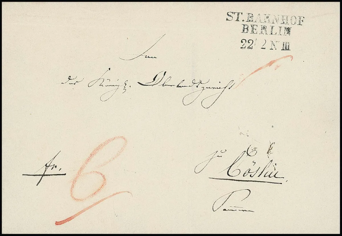 "Berlin", (1845), L3 clair "ST. BAHNHOF BERLIN" sur enveloppe de luxe décorative pour Cöslin, cachet enregistré du 7.2.1844 au 11.12.1845 et…