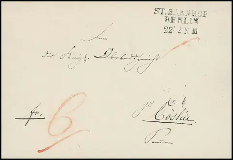 "Berlin", (1845), чёткий L3 "ST. BAHNHOF BERLIN" на декоративной роскошной обложке письма в Кёслин, штемпель зарегистрирован только с 7.2.1844 по 11.12.1845 и известно лишь несколько документов
