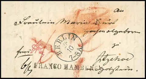 "Берлин", 1841, K1 придворного почтамта на малом частичном франко-дамском письме в Итцехо, L1 "FRANCO HAMBURG", на обороте K2 почтового сбора на Потсдамер-штрассе…