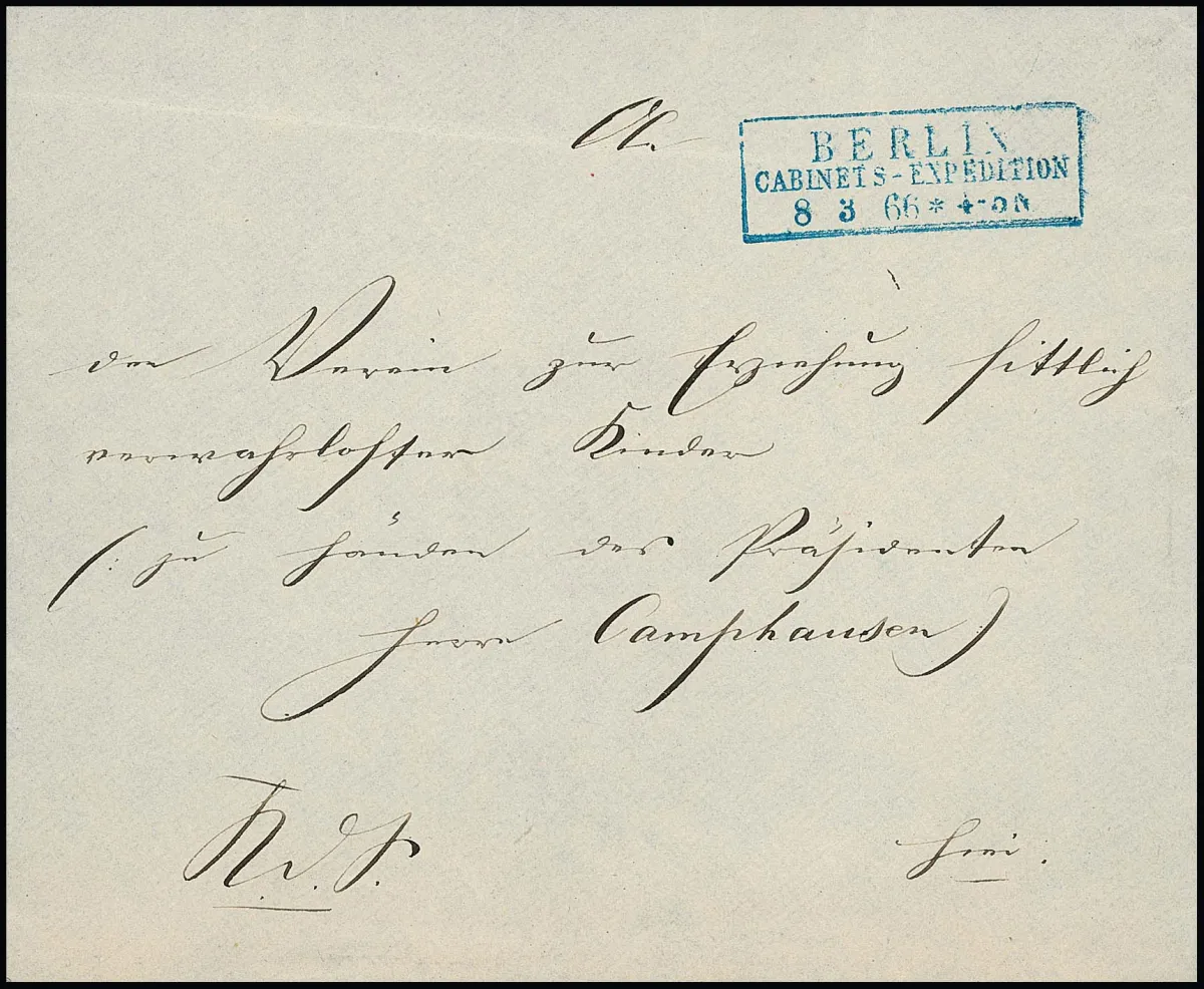 "Berlin Cabinets-Expedition", 1866, ideaal heldere afslag van de blauwe Ra3 op zeer goed bewaarde lokale brief met volledige inhoud, eigenhandig ondertekend door…