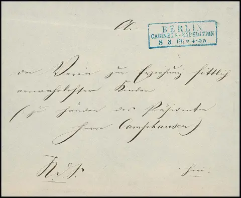 "Берлинская кабинетная экспедиция", 1866, идеально чёткий оттиск синего Ra3 на отлично сохранившемся местном письме с полным содержанием, собственноручно подписано…