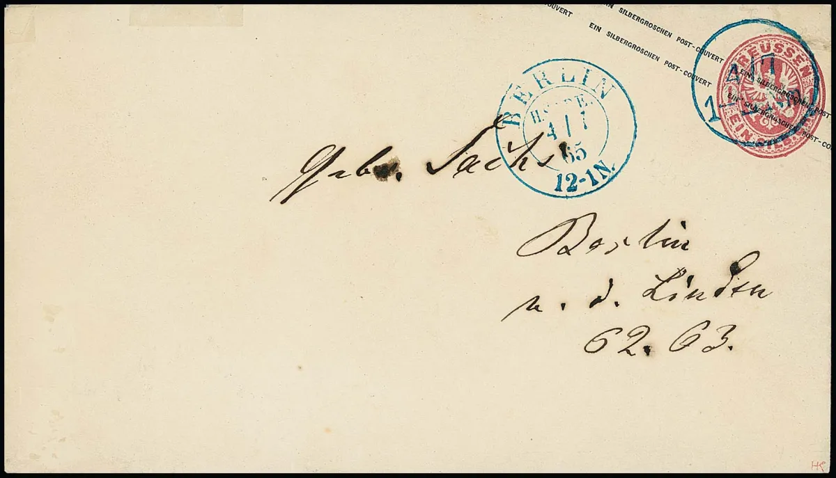 "Berlin H.ST.P.E.", de blauwe K2 van het hofpostkantoor van 4.7.1865 ernaast geplaatst, de waardezegel echter in strijd met de voorschriften afgestempeld met de uitgifte-K1 (een uur…