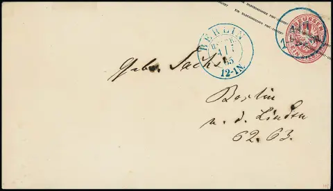 "Берлин H.ST.P.E.", синий K2 придворного почтамта от 4.7.1865 рядом, но знак стоимости вопреки правилам погашен выдачным K1 (часом позже)…