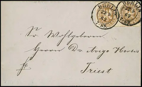 "Берлин", K2 придворного почтамта с годом, от 22.9.1862, чётко на великолепном двойном письме с парой гербов 3 Sgr. в Триест. Это…