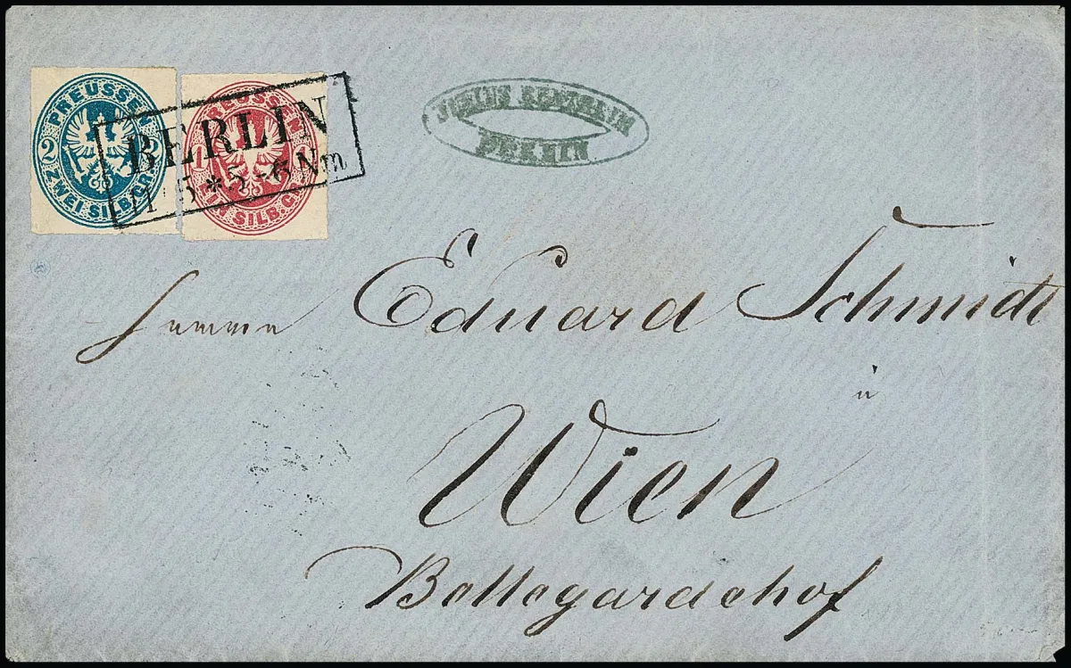 "Berlin", le grand Ra2 du bureau de poste de la cour en type spécial, net sur deux lettres avec combinaisons des armoiries 2 Sgr. bleu prussien.