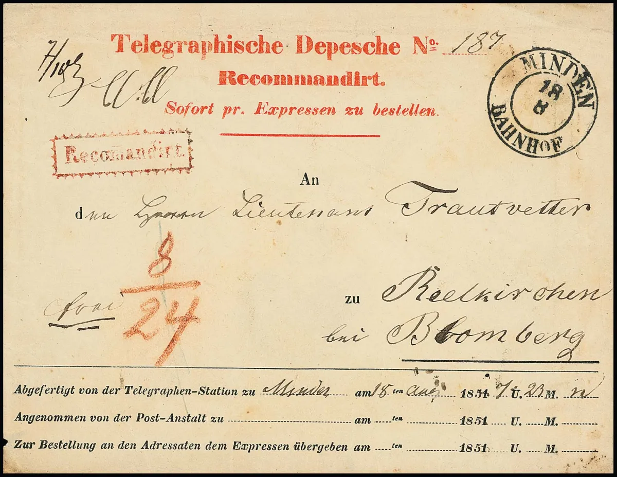 1848, enveloppe préimprimée de télégramme rouge (traces d'usage habituelles) avec K2 "Minden Bahnhof" pour Reelkirchen près de Blomberg (Taxis).