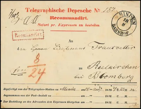 1848, красный бланк-конверт телеграммы (обычные следы использования) с K2 "Minden Bahnhof" в Reelkirchen близ Blomberg (Taxis), получатель должен был 8 Sgr.…