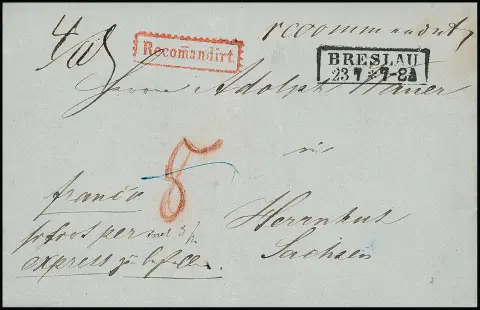 1854/57, два заказных письма из одной переписки с Ra2 "Breslau" в Herrnhut/Саксония, порто "5" Sgr. и "8" Sgr. за редкий Reco-экспресс в…