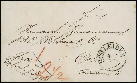 1857, K1 "Schleiden" на экспресс-письме с баровыми таксами "1" и "2 1/2" (за экспресс) в Кёльн