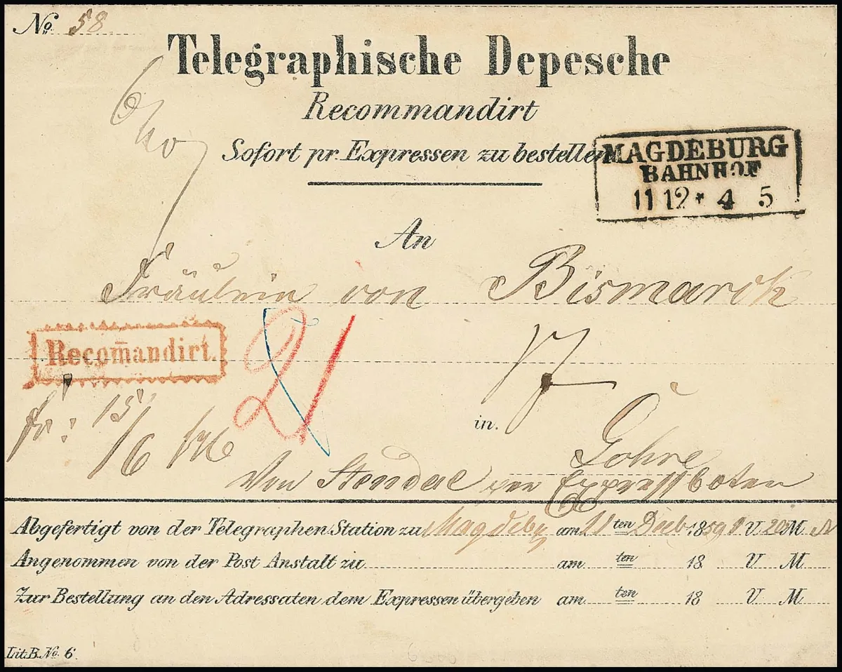 1859, Ra3 "Magdeburg Bahnhof" sur enveloppe de télégramme à Mademoiselle von Bismarck à Gohre près de Stendal, recommandé comme exprès rural, pour lequel la destinataire…