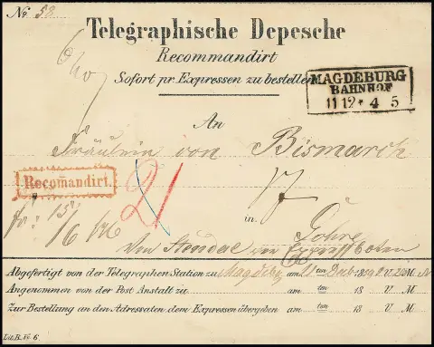 1859, Ra3 "Magdeburg Bahnhof" на телеграфном конверте г-же фон Бисмарк в Горе под Штендалем, заказное как сельский экспресс