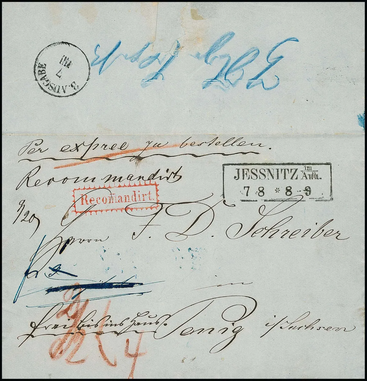 1860, Ra2 "Jessnitz im Anh." sur lettre Reco-Expreß vers Penig/Saxe dans l'union postale, avec bulletin exprès rose, sur lequel le destinataire…