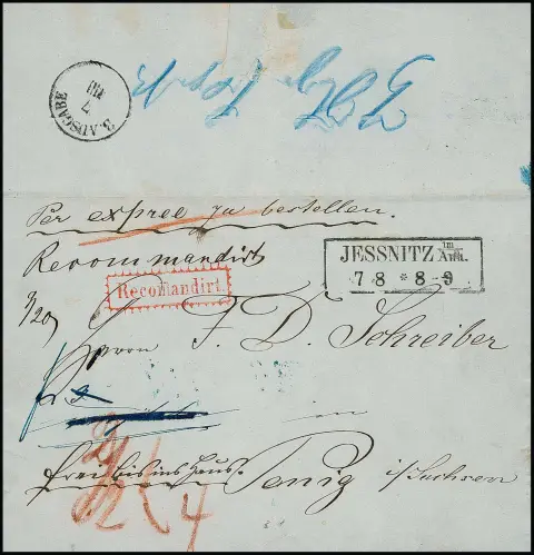 1860, Ra2 "Jessnitz im Anh." на заказном экспресс-письме в Пениг/Саксония в почтовый союз, с розовым экспресс-ярлыком