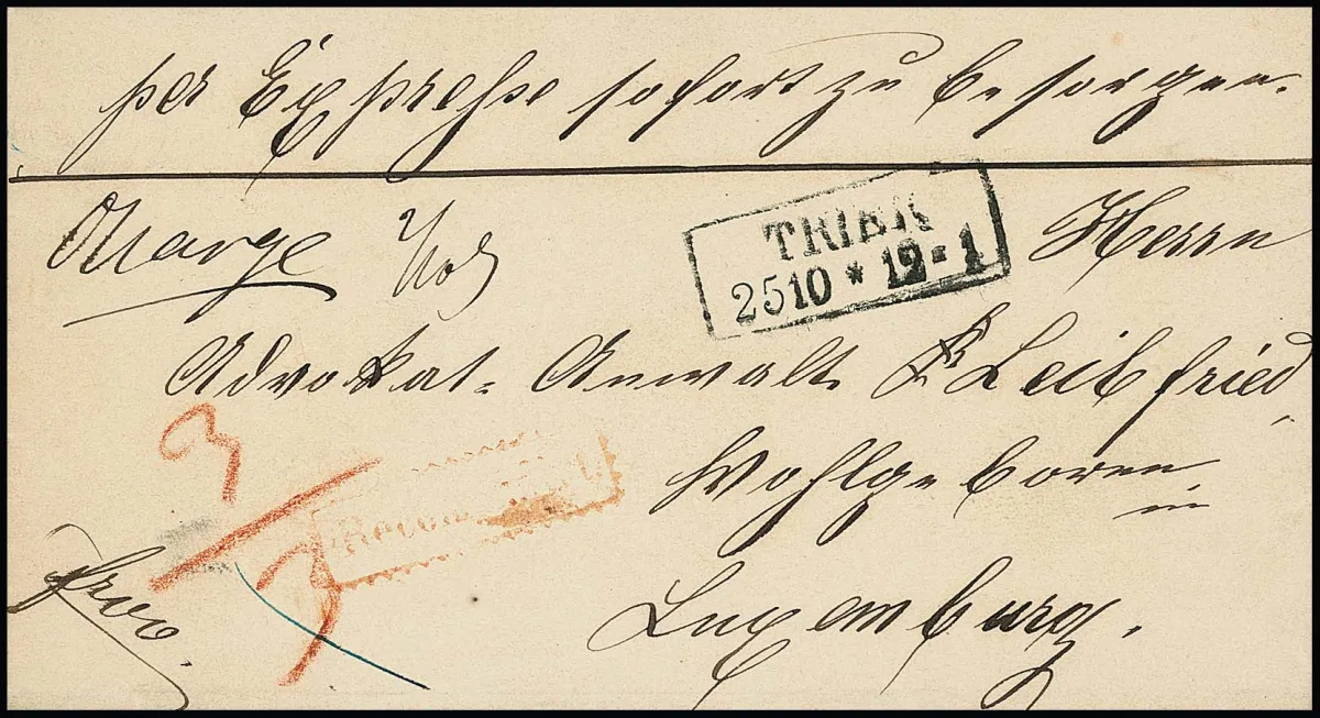 1865 (ca.), Ra2 "Trier" on registered express letter to Luxembourg, at that time DÖPV, postage therefore 1 Sgr., plus 2 Sgr. Reco and 3 Sgr. express, vs.…
