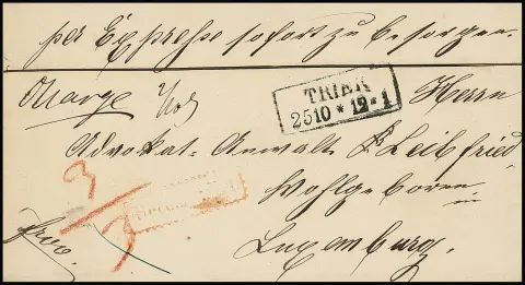 1865 (ок.), Ra2 "Trier" на заказном экспресс-письме в Люксембург, в то время ДОПС, поэтому порто 1 зильбергрош, плюс 2 зильбергрош заказное и 3 зильбергрош экспресс