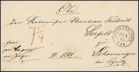 1865, K2 "Stargard i. Pom." на редком оплаченном наличными сельском экспресс-письме в Шёнинген под Пюрицем