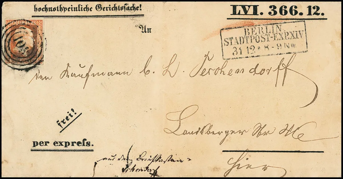 1/2 Sgr. ziegelrot einzeln auf Expreß-Ortsbrief mit NS "103" und Ra3 "Berlin Stadtpost-Exp. XIV" aus 1856, hs. "aus dem Briefkasten", vorgedruckter…