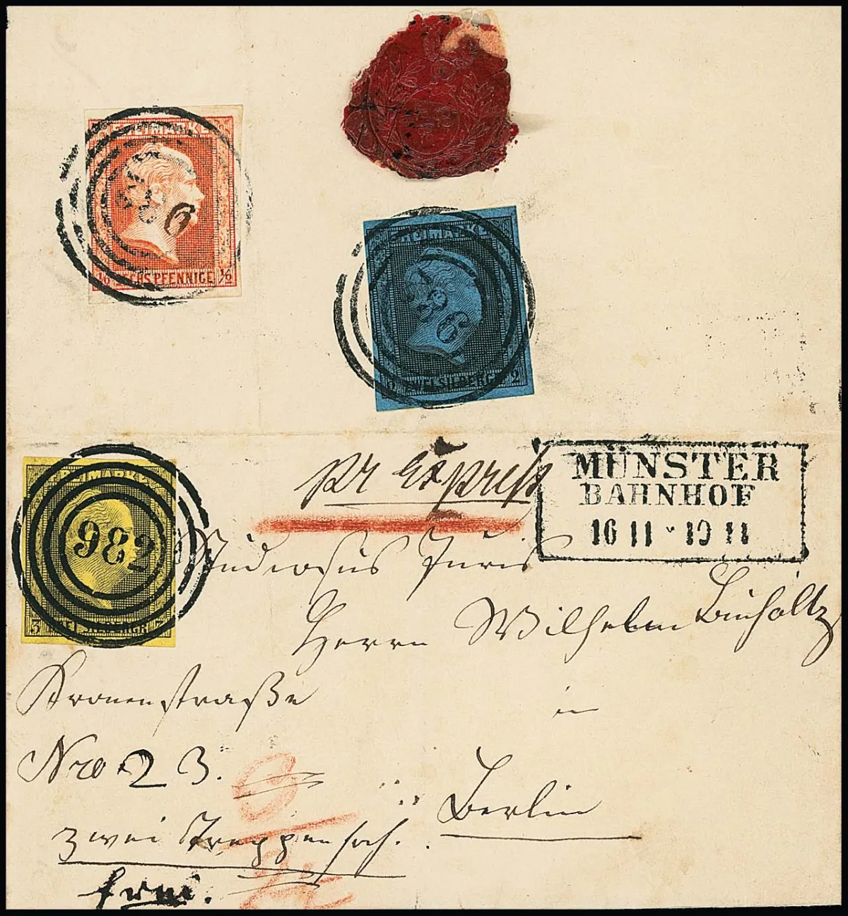 1/2 Sgr. brick red and 2 Sgr. blue as express fee on reverse, front 3 Sgr. black/yellow as postage, all perfectly perforated, on very early express letter with NS "982" (on the 1/2 Sgr. the poorly struck digit "9" corrected in manuscript postally) and Ra3 "Münster Bahnhof" (16.11.!) to Berlin