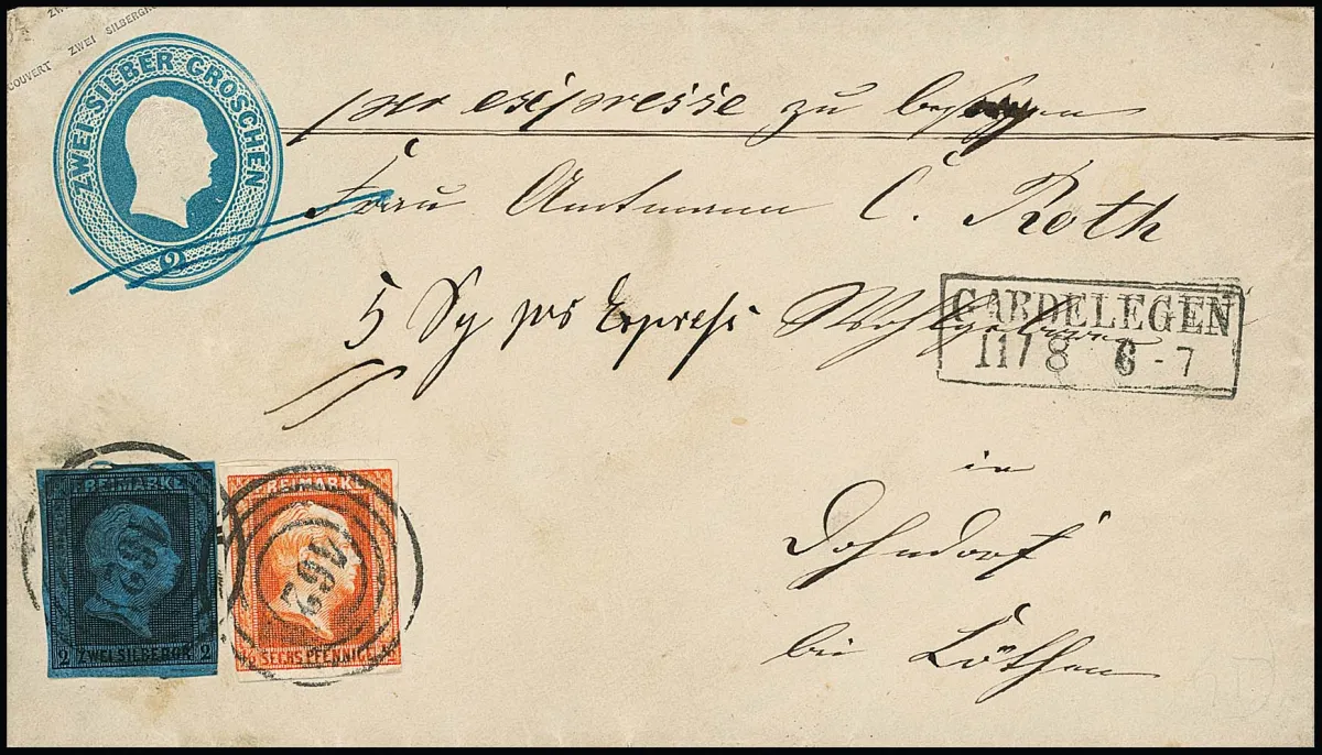 1/2 Sgr. ziegelrot und 2 Sgr. schw./blau, zwei gering berührte Exemplare auf Ganzsache 2 Sgr. blau als seltener Landexpreßbrief mit NS "462" und Ra2…