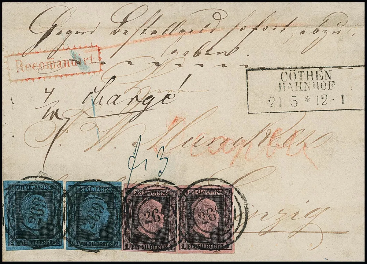 1 Sgr. noir/rose et 2 Sgr. noir/bleu par deux, chacun un 1 et 2 Sgr. à droite légèrement touché, sur lettre recommandée exprès avec NS "269" et Ra3 "Cöthen…"