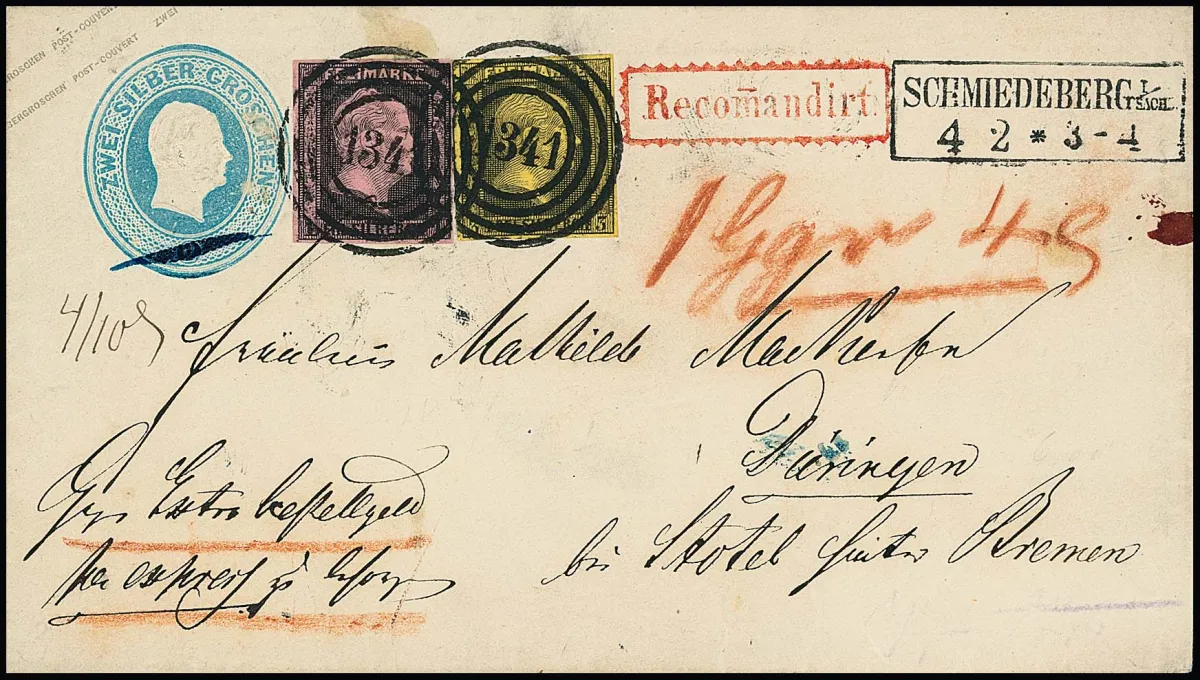 1 Sgr. noir/rose et 3 Sgr. noir/jaune, exemplaires parfaits sur entier postal 2 Sgr. bleu, avec NS clairs "1341" et Ra2 "Schmiedeberg i. Sach." comme…