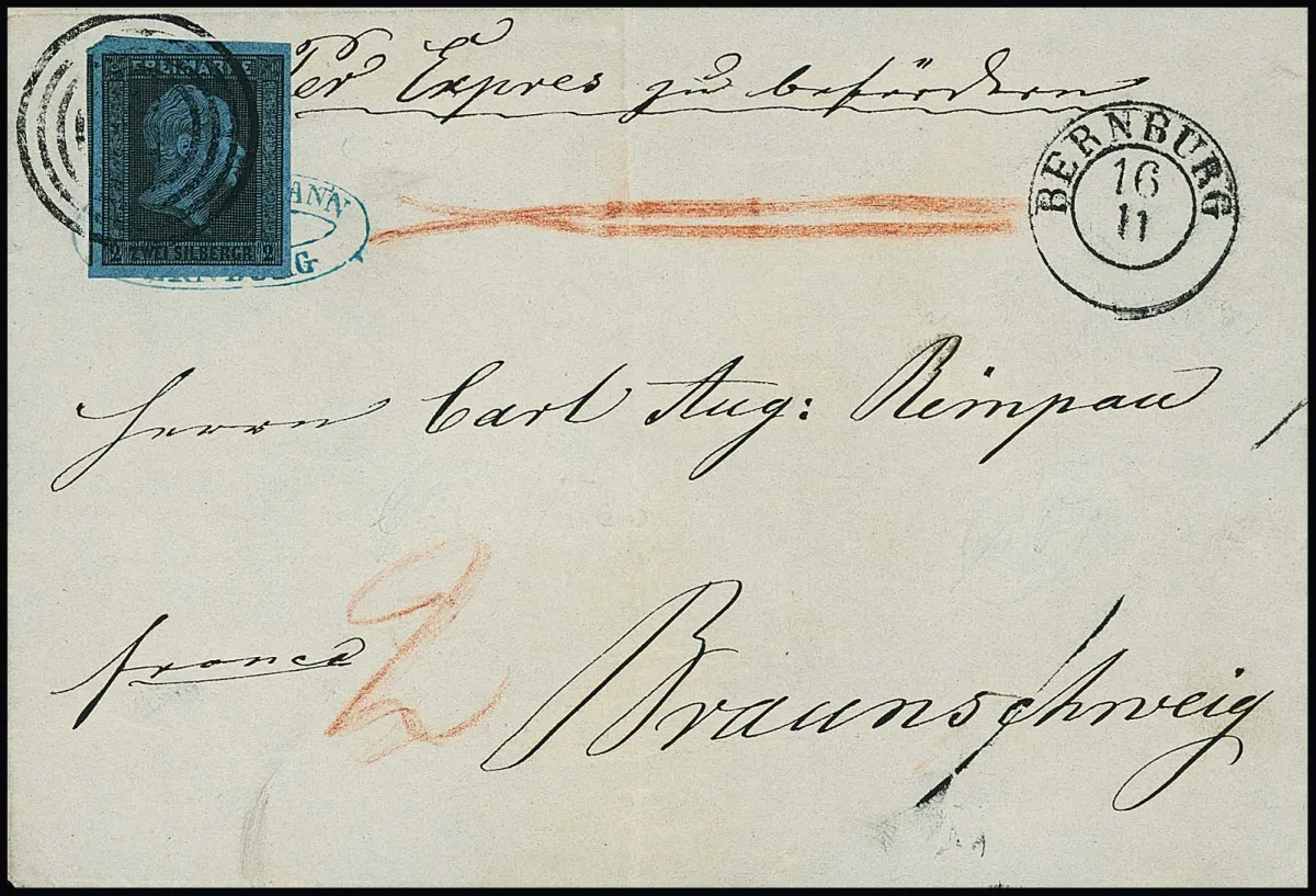 2 Sgr. black/blue, very wide-margined cabinet piece with NS "110" and K2 "Bernburg" on express letter in the postal union to Braunschweig, curiosity with missing…