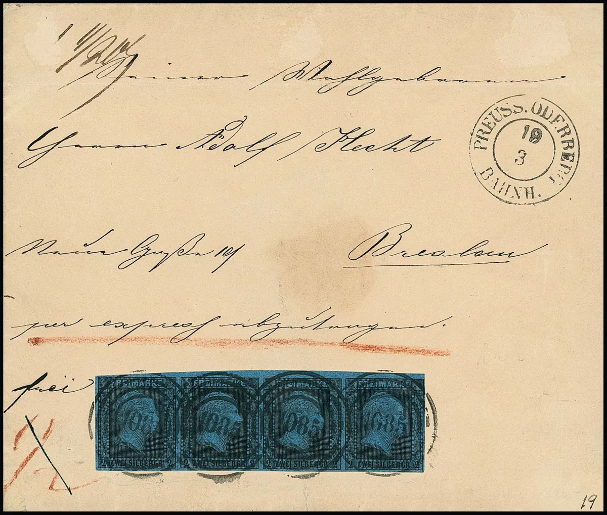 2 Sgr. noir/bleu, de ce timbre rare bande horizontale de quatre pièce de cabinet avec NS "1085" et K2 latéral "Preuss. Oderberg Bahnh." sur lettre exprès de la 2e…