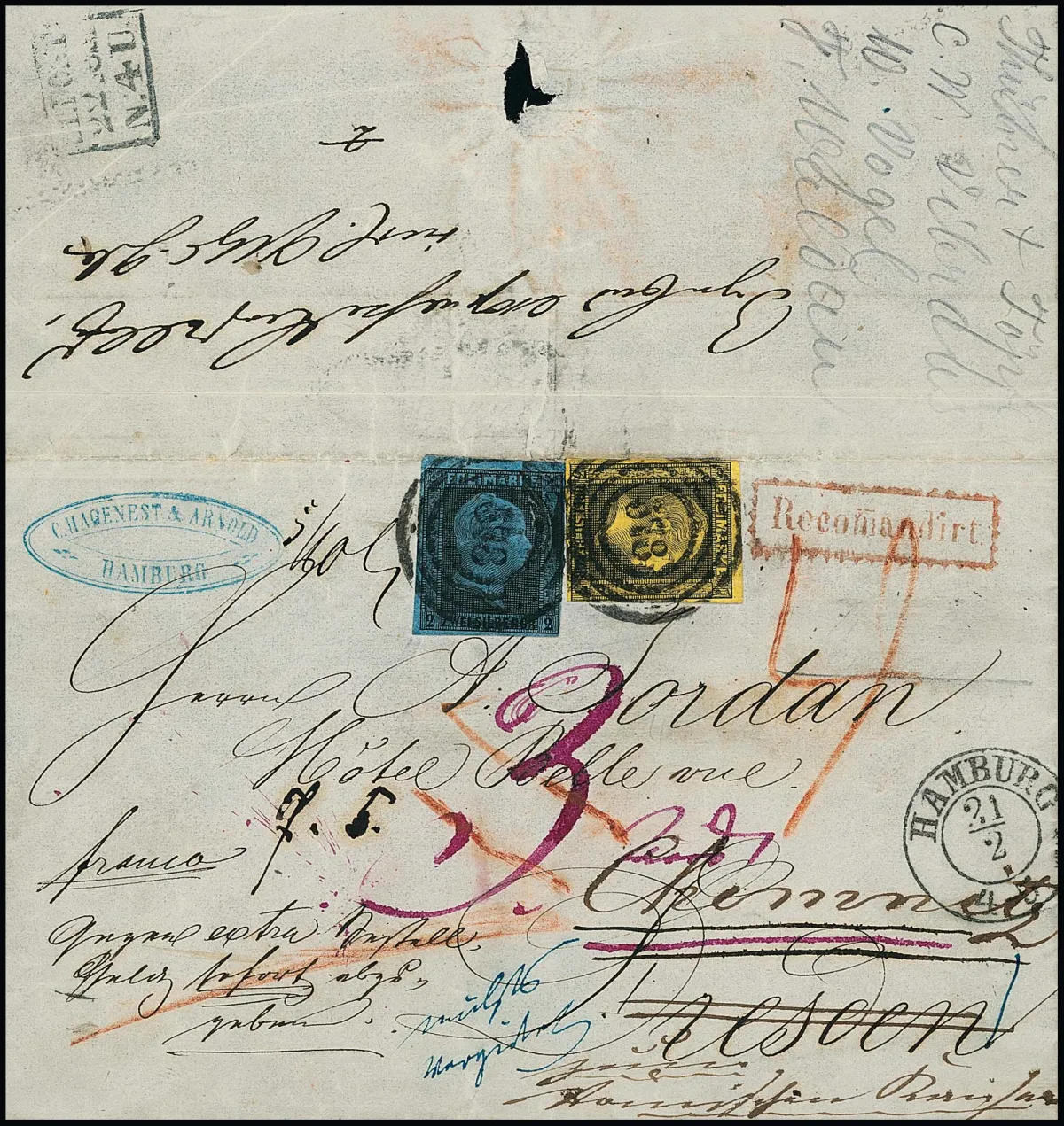 2 Sgr. schw./blau (kl. Mgl.) und 3 Sgr. schw./dunkelorange auf großem Teil eines unterfrankierten Reco-Expreßbriefes mit NS "578" und K2 "Hamburg" nach…