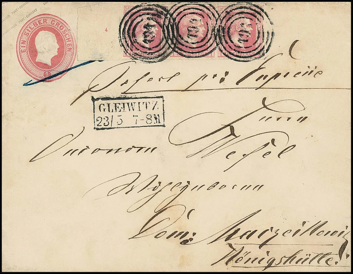 1 Sgr. rosa, Dreierstreifen mit links 19mm breitem Bogenrand und Reihenzahl "4", rechte Marke min. Oberrandspalt, auf Kopf-Ganzsache 1 Sgr. rosa im…