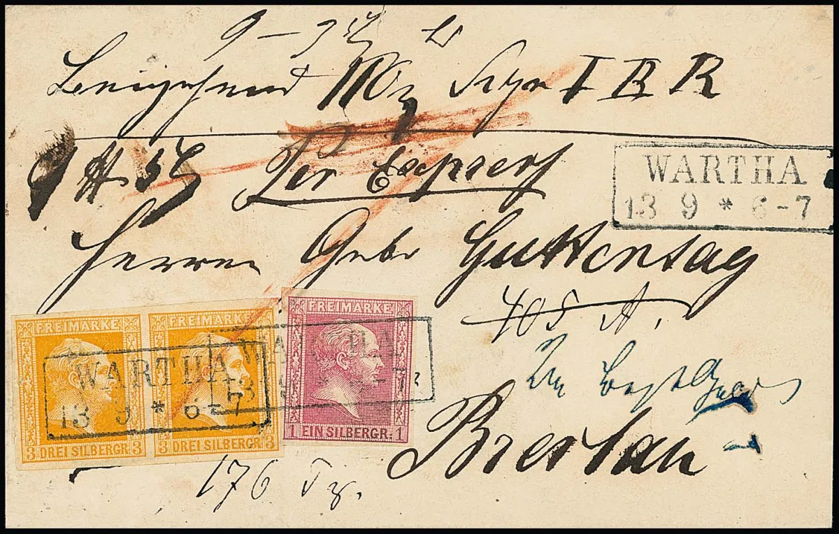 3 Sgr. orange in pair (left value small split) in mixed franking with 1 Sgr. pink on rare express parcel accompanying letter with Ra2 "Wartha" to Breslau, on reverse letter flaps slightly shortened, rare form of use as parcel letter additionally by express