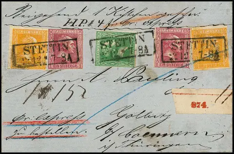 4 Pfge. vert ainsi que deux fois 1 Sgr. carmin et 3 Sgr. orange sur lettre d'accompagnement de colis exprès rural avec Ra2 "Stettin" pour Golberg près de Cönnern. Un 1 Sgr. (avec défaut de plaque du champ 121) à droite tout petit touché, sinon tous les timbres à pleine marge, au verso 6 Sgr. taxe d'express rural (avec 5 Sgr. salaire de messager) quittancée. Une lettre unique de la collection Gunn, signé Banker