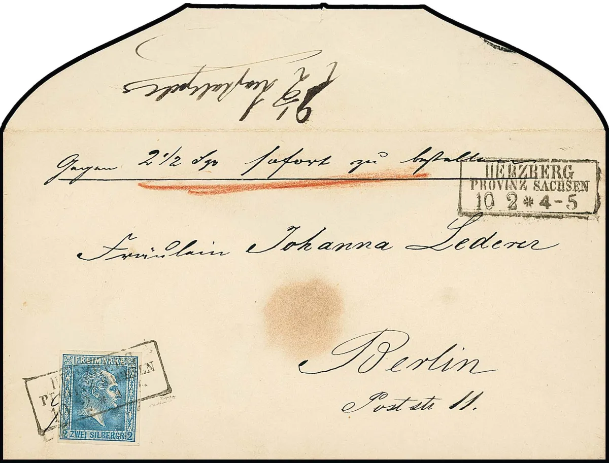 2 Sgr. blue, choice piece with Ra3 "Herzberg Provinz Sachsen" on express cover to Berlin, only the letter postage paid, the express fee of "2 1/2" Sgr.…