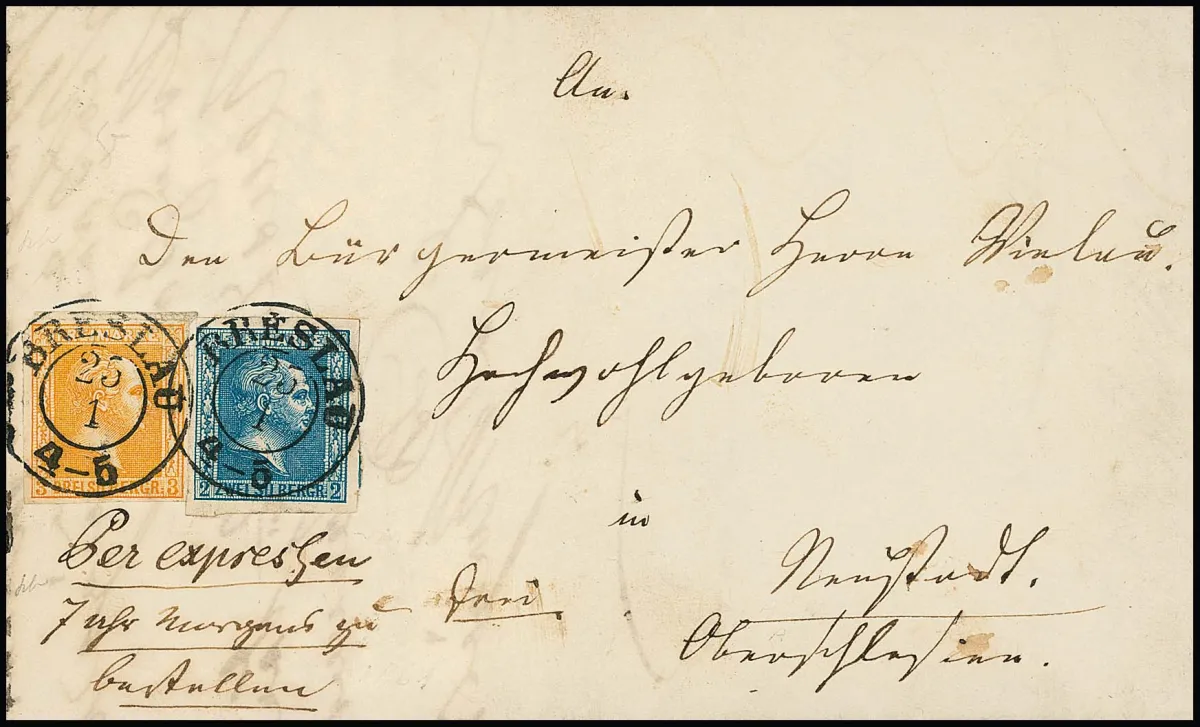 2 Sgr. blue (top left "magnifying glass margin") and 3 Sgr. orange, perfect examples on express letter with K2 "Breslau" to Neustadt. Rare exact ms. express instruction "7…